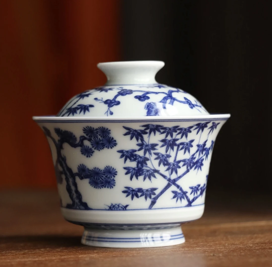 景德镇中式青花松竹梅茶具茶器中式家用高端二才盖碗名窑陶瓷
