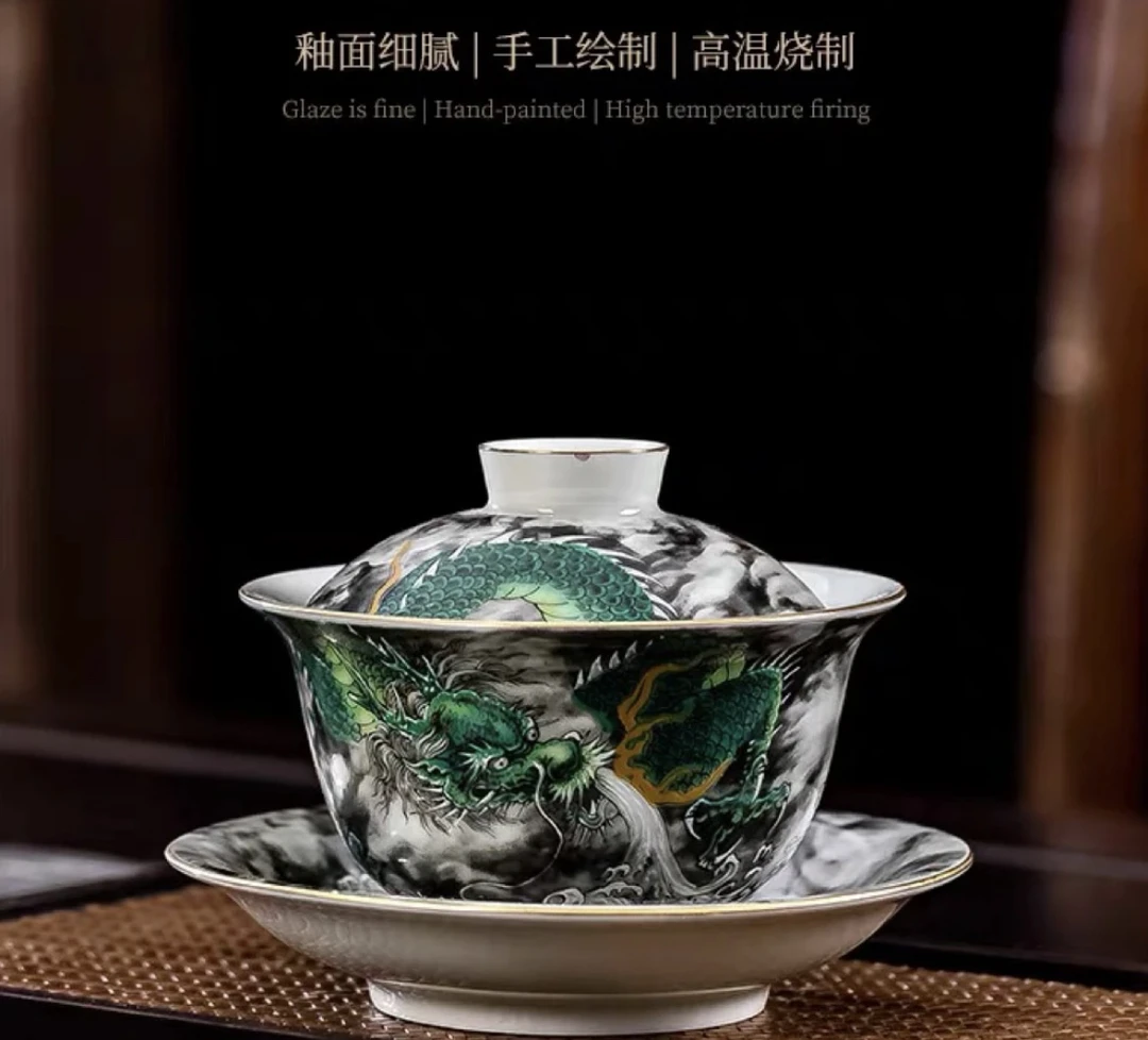 景德镇盖碗墨彩穿云龙三才盖碗茶杯子单个家用泡茶器手工陶瓷茶具