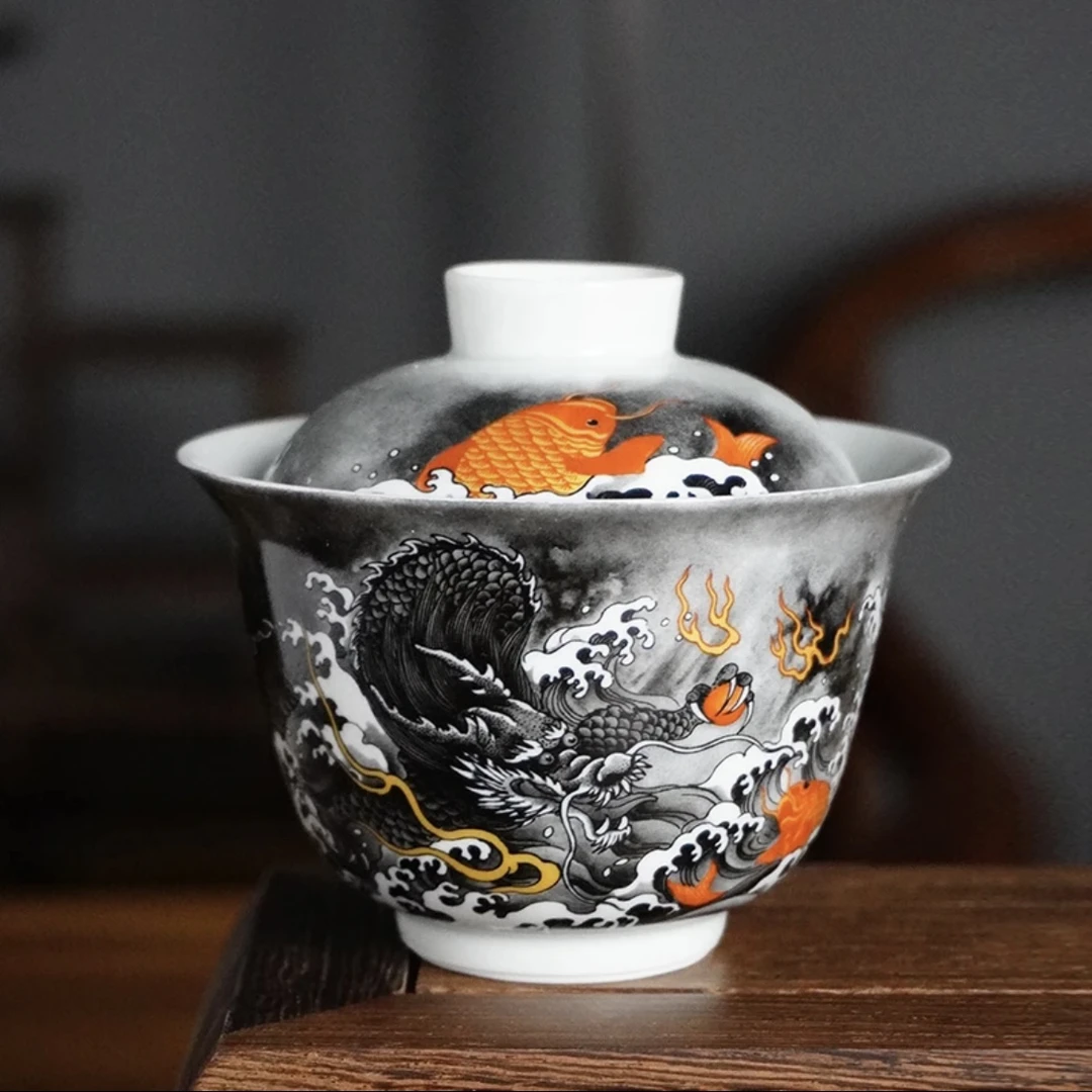景德镇大师手工墨彩鱼化龙元宝二才盖碗高档复古家用陶瓷大容量