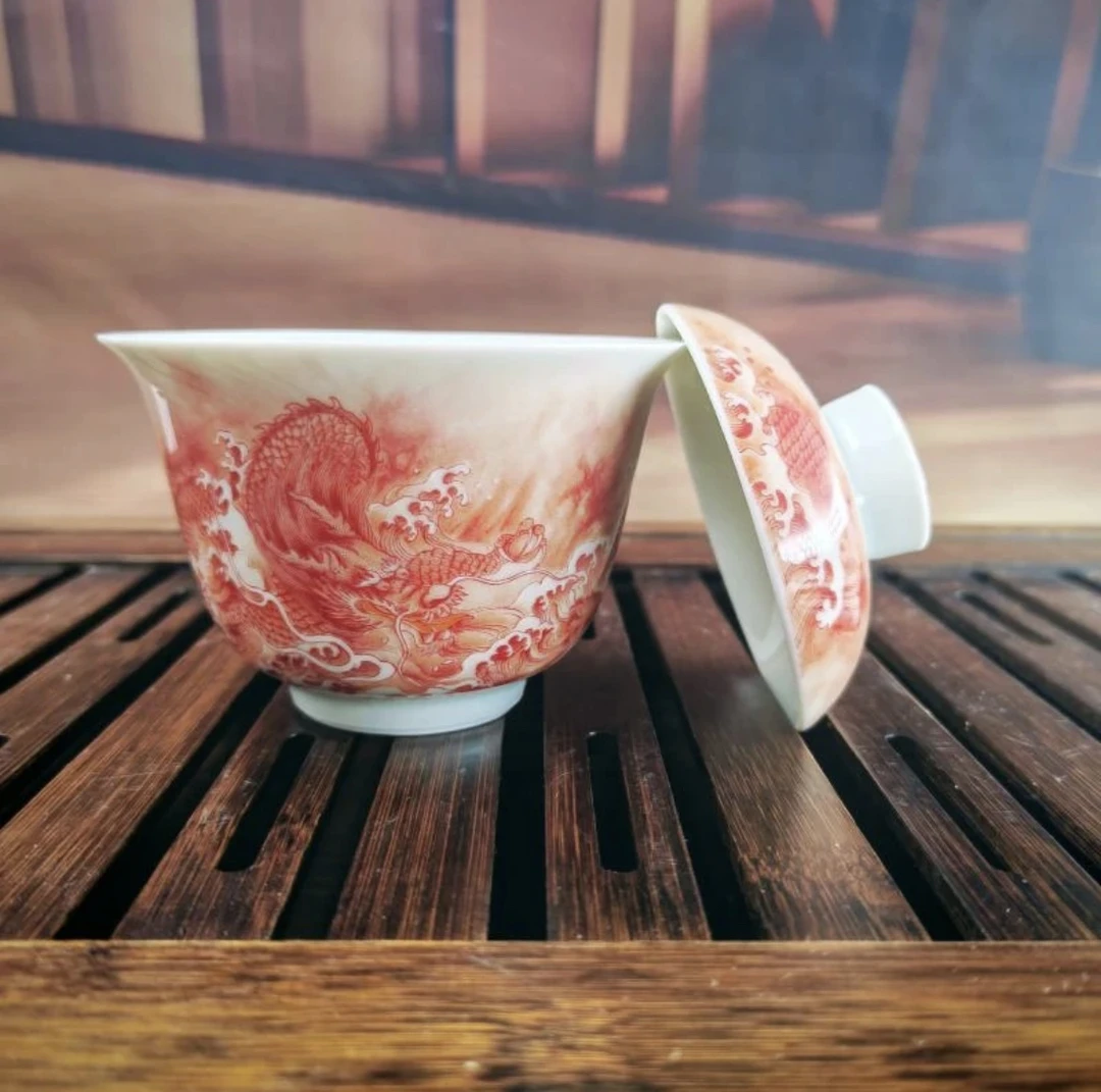 景德镇手工茶具高档家用创意矾红鱼化龙中式龙纹泡茶二才元宝盖碗