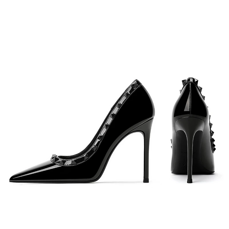 尖头铆钉高跟鞋羊皮真皮浅口细跟女鞋百搭性感黑色8CM漆皮女单鞋