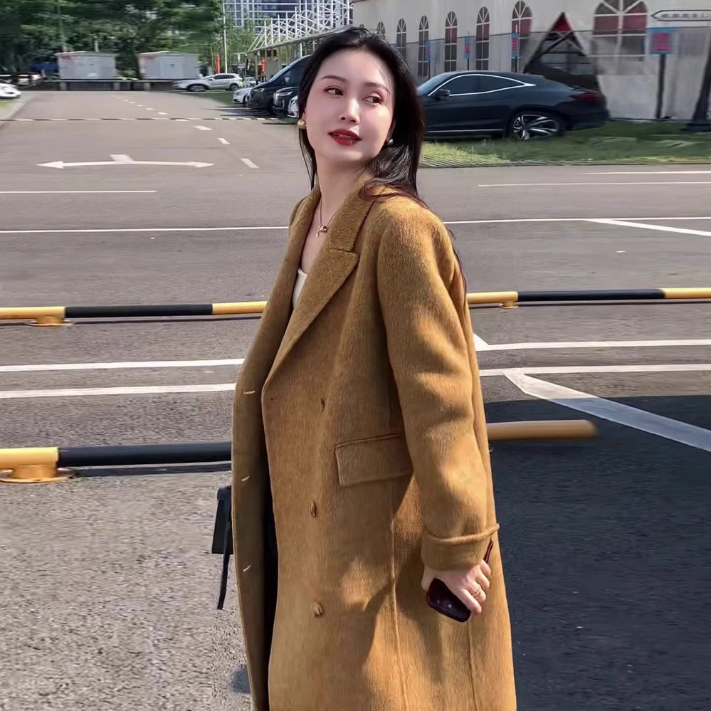 鎏金黄双面羊毛大衣女长款2025秋冬新款H型直筒阔版正肩呢子外套