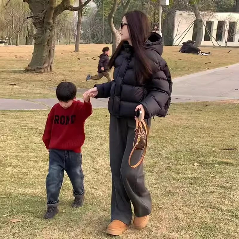 泡芙龟背黑色短款羽绒服女2025冬季新款90白鸭绒连帽面包服外套