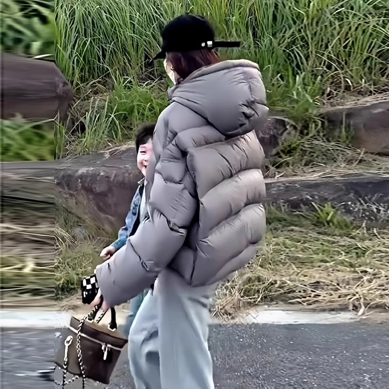 泡芙龟背灰色短款羽绒服女2025冬季新款90白鸭绒连帽面包服外套