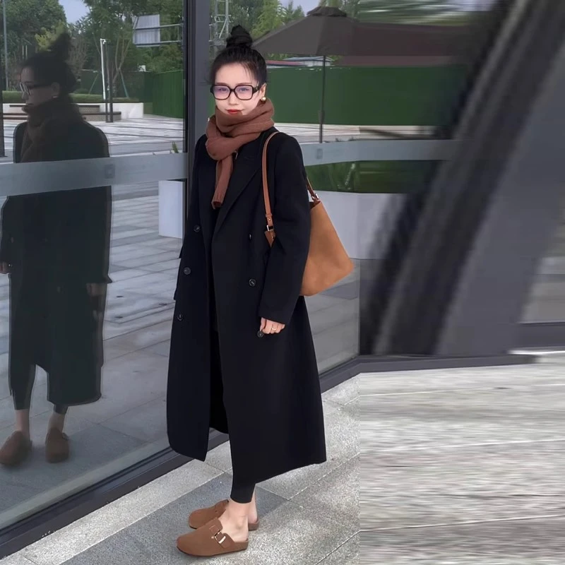黑色双面羊毛大衣女长款2025秋冬季新款H型直筒正肩休闲呢子外套
