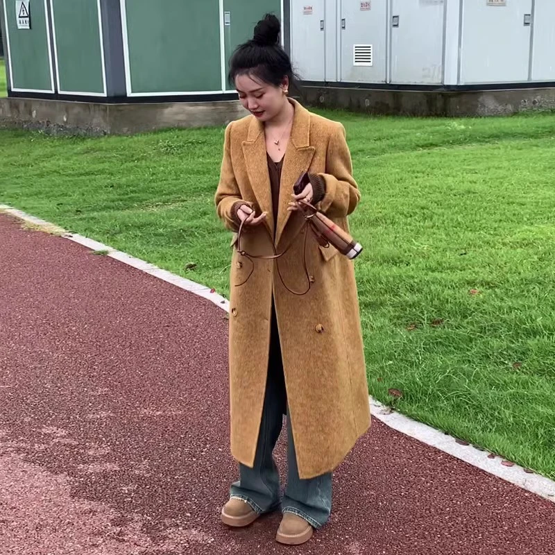 鎏金黄双面羊绒大衣女长款2024秋冬新款H型直筒阔版正肩呢子外套