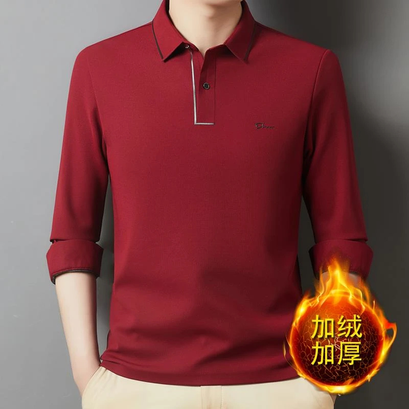 本命年红色长袖T恤男士翻领加绒加厚保暖T恤中年爸爸秋冬装上衣