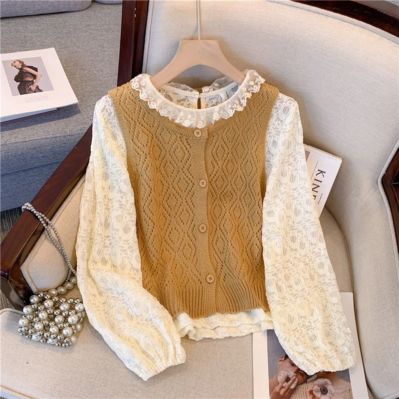 2025秋季新款复古叠穿针织马甲短款背心女甜美长袖蕾丝衫上衣套装