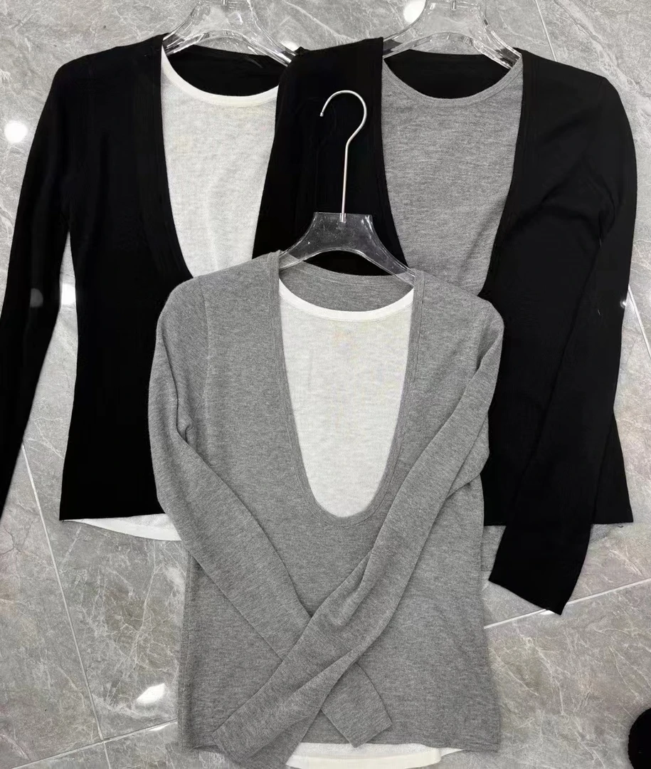 6136-176 拼色假两件套头针织衫