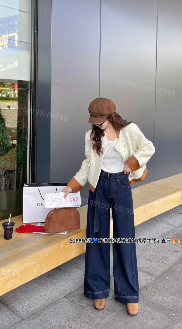 60199 底抓毛普洗侧边裁剪分割线加绒加厚直筒牛仔裤