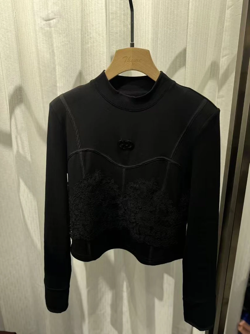 981966-182 个性蕾丝花加绒打底T恤