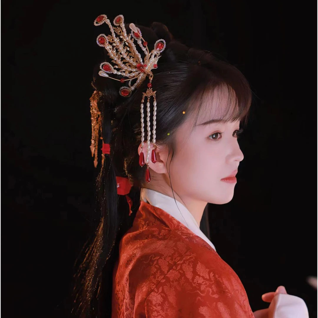 耀如春华 九羽 汉服古风配饰发饰复古凤钗头饰精致发冠红色凤冠