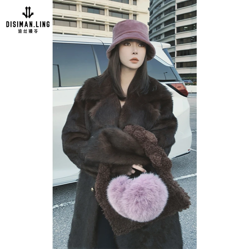 迪丝嫚苓棕色外套冬季保暖羊毛革羊皮革时尚气质女士百搭长款轻奢
