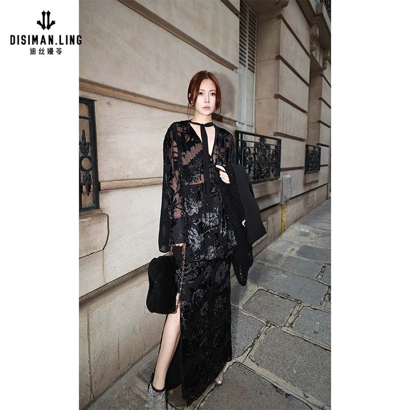 迪丝嫚苓黑色套装轻奢时尚黑色复古国风中长款提花重工小众设计HZ