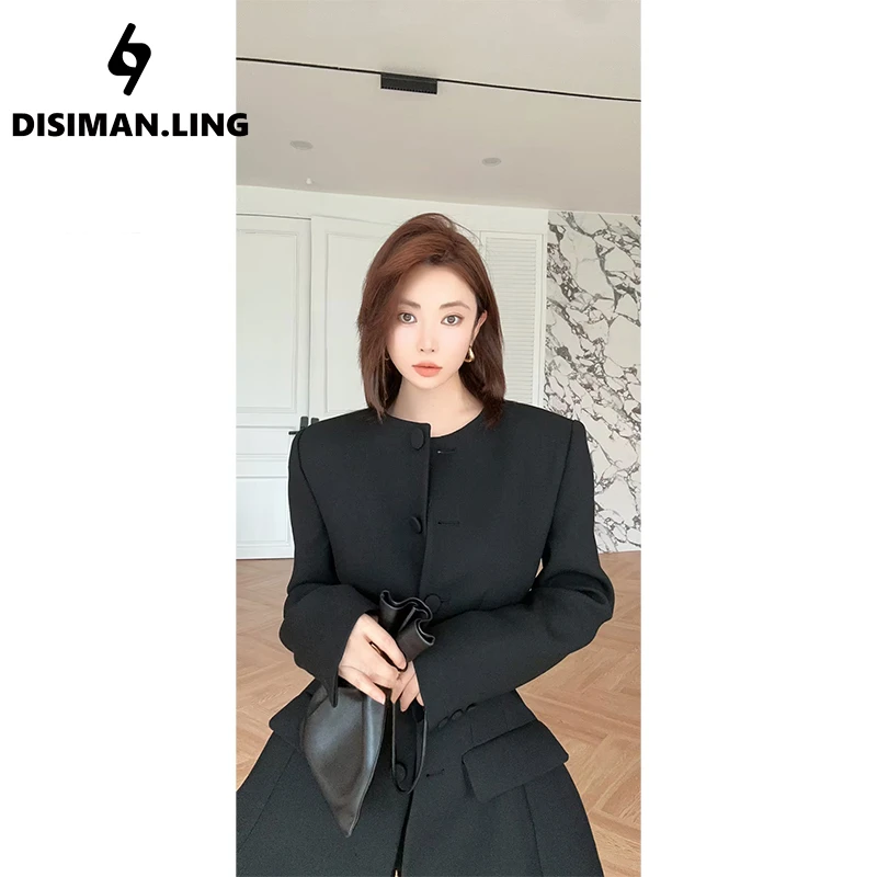 迪丝嫚苓黑色西服外套中式气质长袖时尚复古秋冬优雅-HZ