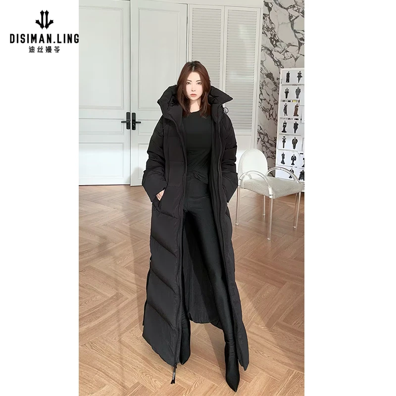 迪丝嫚苓黑色时尚羽绒服户外中长款加厚保暖过膝冬季休闲女士优雅