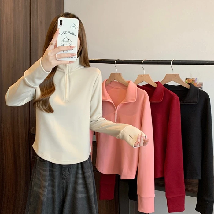 33256秋装新款胖mm大码女装显瘦休闲冬季半开领保暖内搭打底上衣