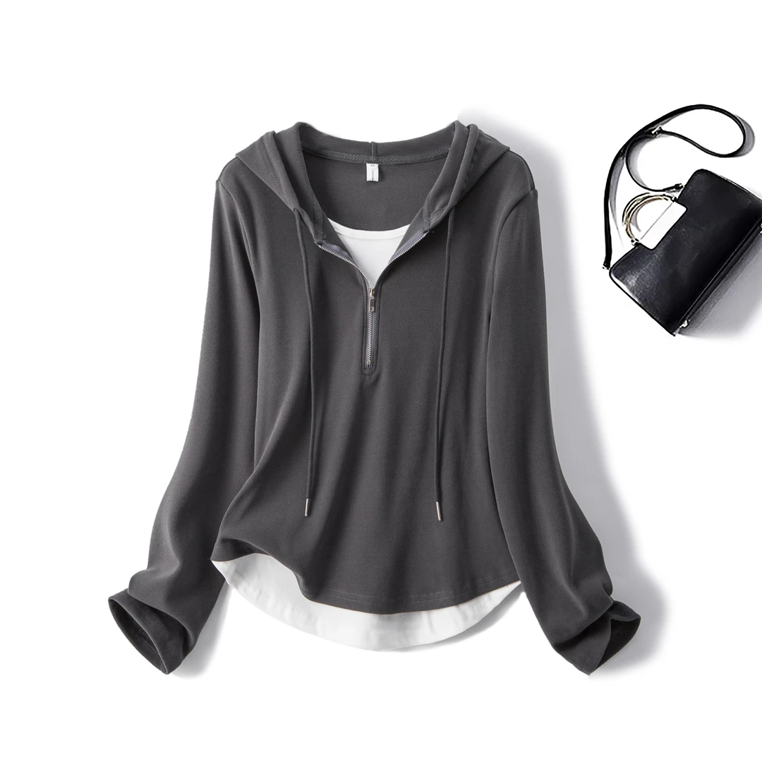 5052秋冬新款胖妹妹大码女装显瘦拼接假两件连帽时尚长袖卫衣