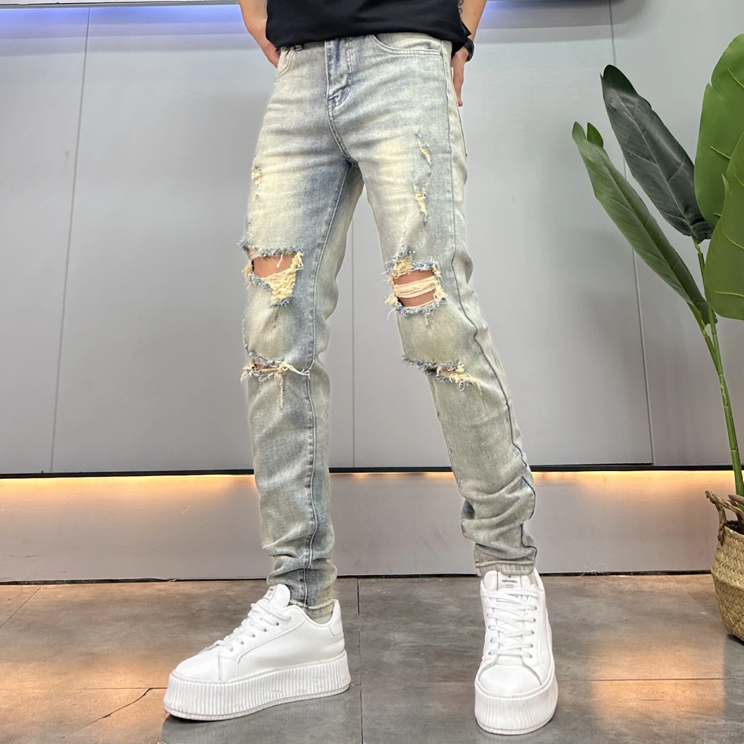 设计款复古色破洞牛仔裤男修身小脚2025春夏季新款刮烂弹力裤子