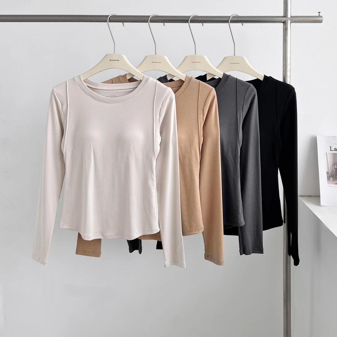 高弹超柔乳感杯捏褶常规长袖打底衫  E8062