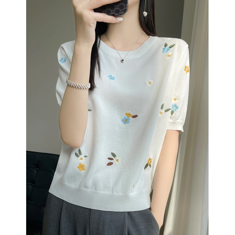 短袖女百搭薄款夏季T恤宽松显瘦针织衫洋气半袖提花打底减龄上衣