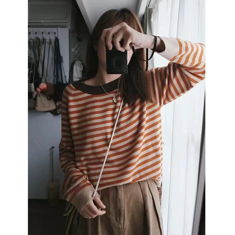 羊毛衫女显瘦长袖百搭上衣宽松条纹打底衫套头圆领针织衫时尚毛衣