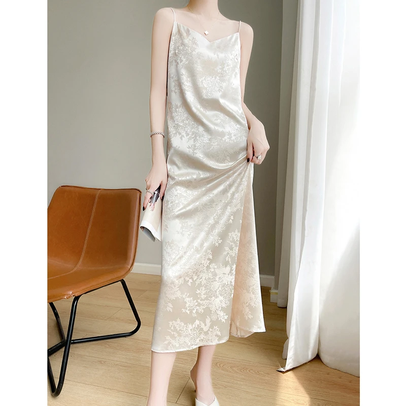 桑蚕丝连衣裙女气质夏季新中式长裙复古中长款法式洋气中国风裙子