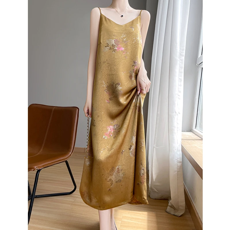 桑蚕丝裙子宽松连衣裙女气质薄款中国风无袖大码新中式中长款长裙