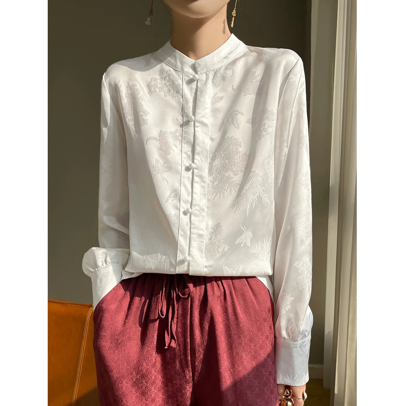 气质上衣女长袖休闲春夏衬衫宽松中式打底开衫小众提花设计感衬衣