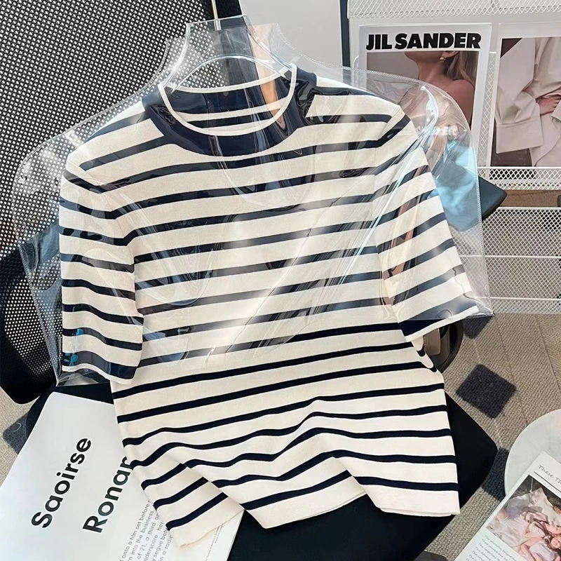 夏季短袖女显瘦针织T恤女宽松条纹时尚打底圆领上衣韩版休闲半袖