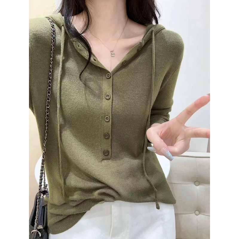 羊毛衫女显瘦洋气时尚打底针织百搭连帽薄款上衣宽松韩版纯色毛衣