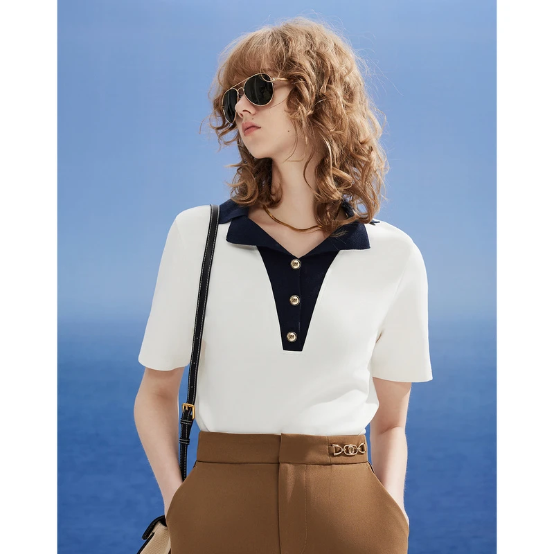 DKNY/唐可娜儿【都市缪斯】通勤百搭西装小翻领修身短袖女士Polo