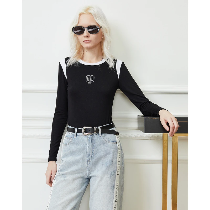 DKNY/唐可娜儿DKNY/唐可娜儿美式复古运动感撞色针织长袖圆领T恤