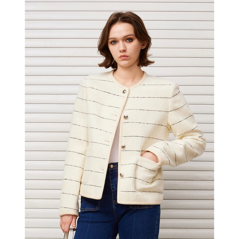 DKNY/唐可娜儿高级感条纹粗花呢圆领女士新年外套