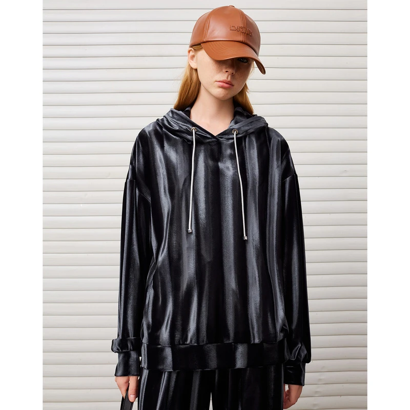 DKNY/唐可娜儿条纹丝绒宽松连帽女士卫衣