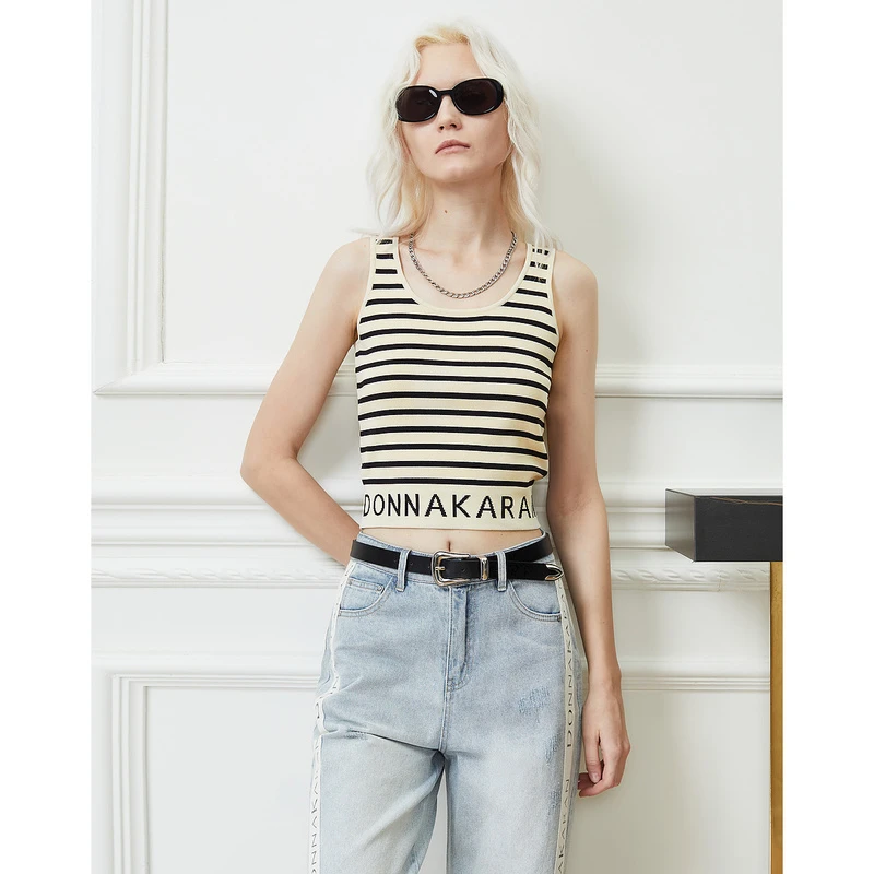 DKNY/唐可娜儿春夏新品女条纹针织内搭背心LOGO提花U形领收腰