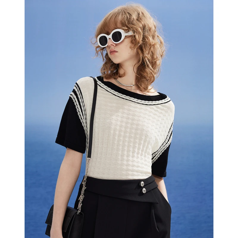 DKNY/唐可娜儿【写意都市】撞色菱格提花撞色女士针织衫