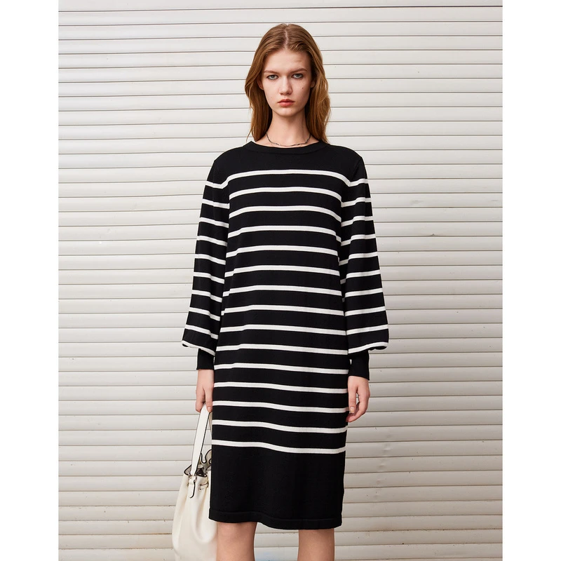 DKNY/唐可娜儿直身型灯笼袖条纹针织连衣裙