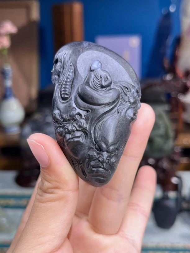 新疆和田玉青花籽料佛魔挂坠手把件两用款