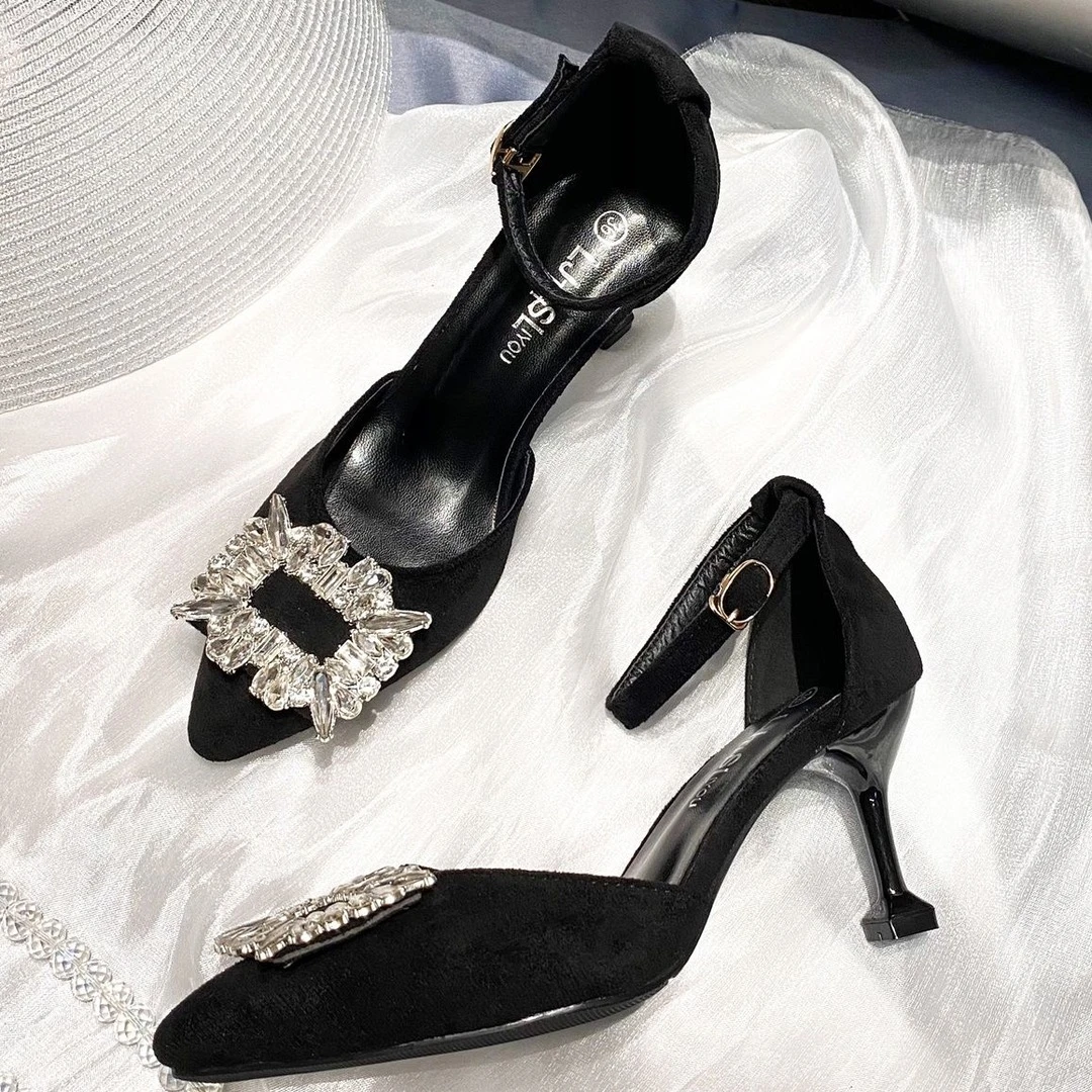 07-050尖头高跟鞋女斩男细跟夏季新款黑色后空包头凉仙女风百搭