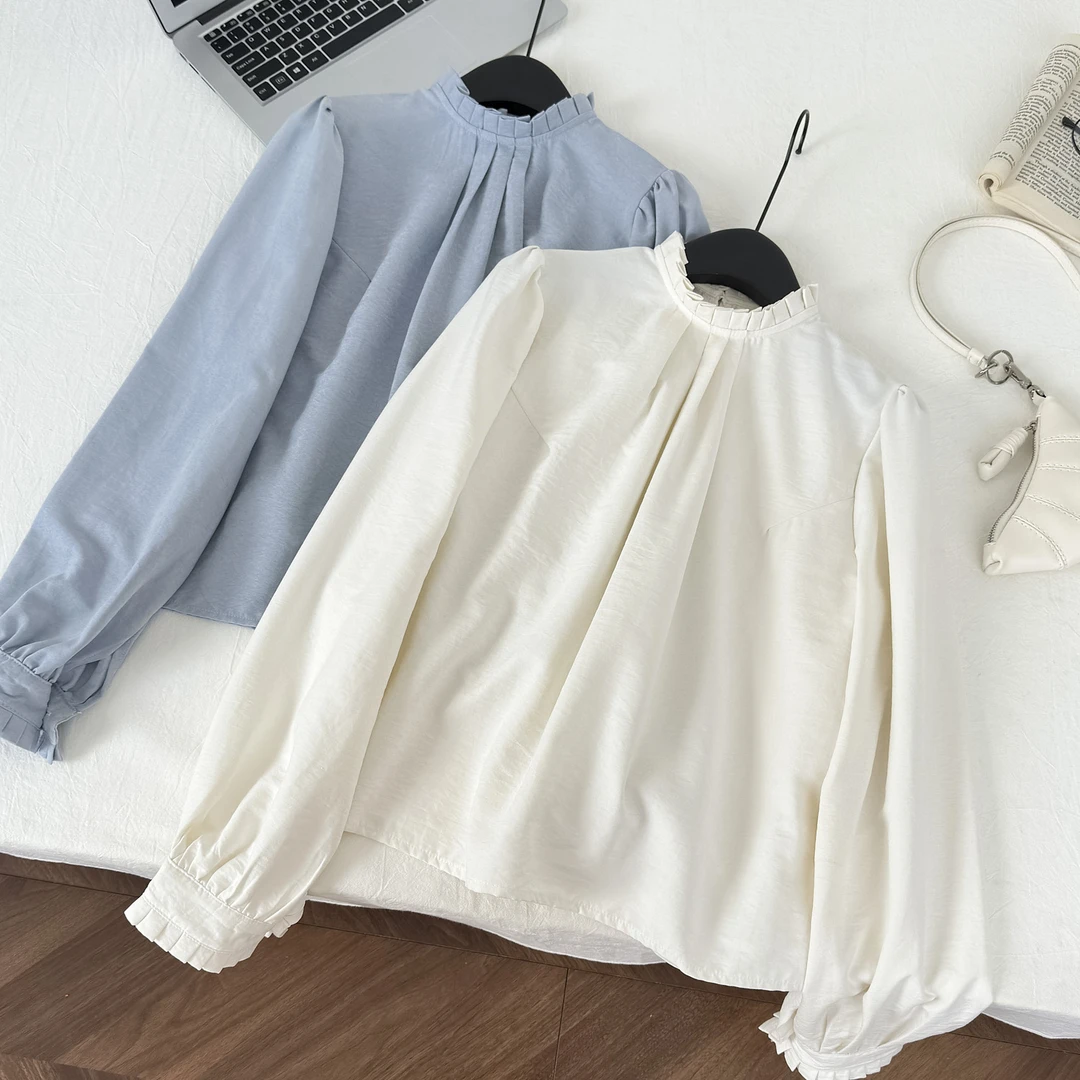 雾霾蓝衬衣叠穿女2025新款气质显瘦设计感上衣遮肚子宽松长袖衬衫