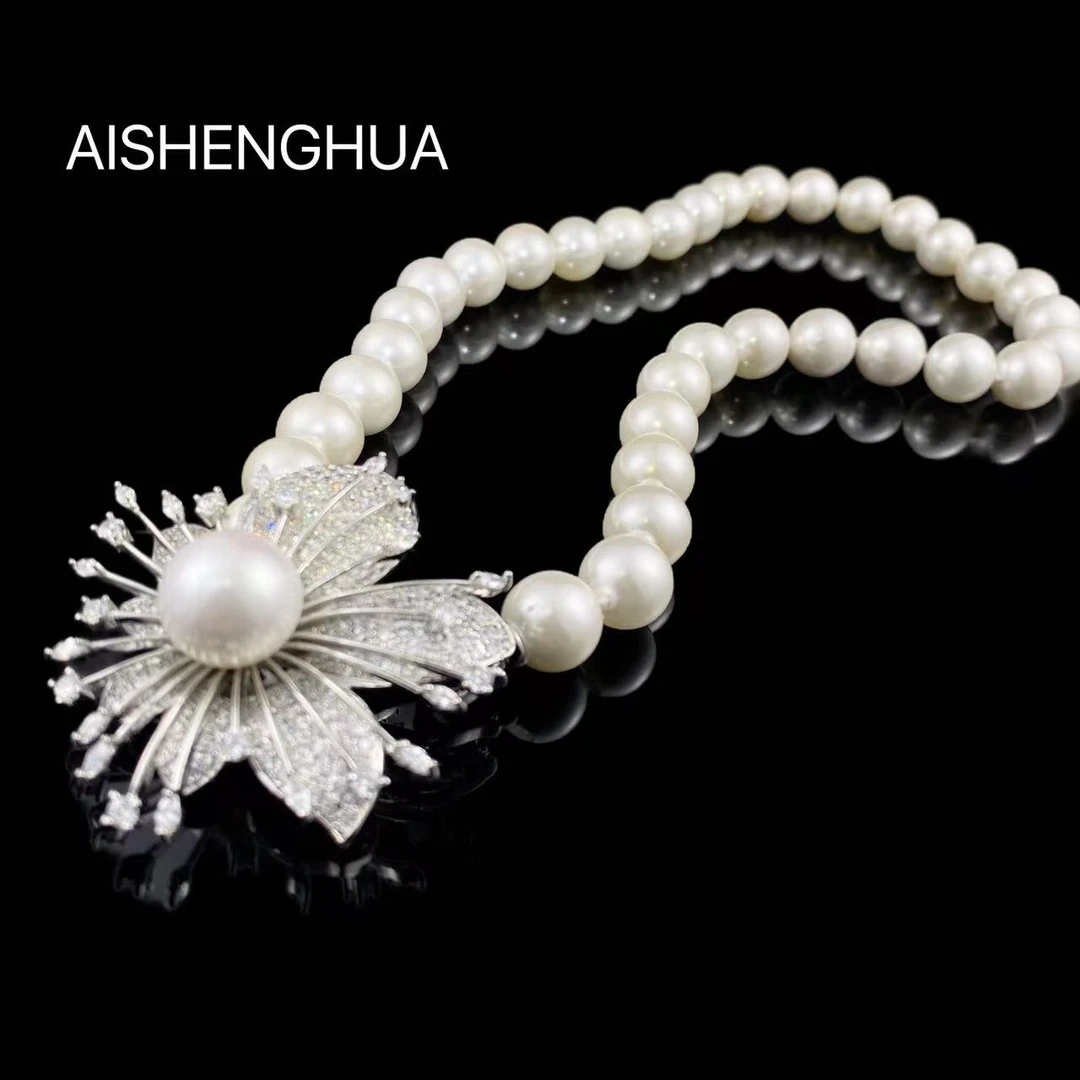 AISHENGHUA/瑷生花 合金仿珍珠吊坠 复古大气时尚镶嵌白色项链