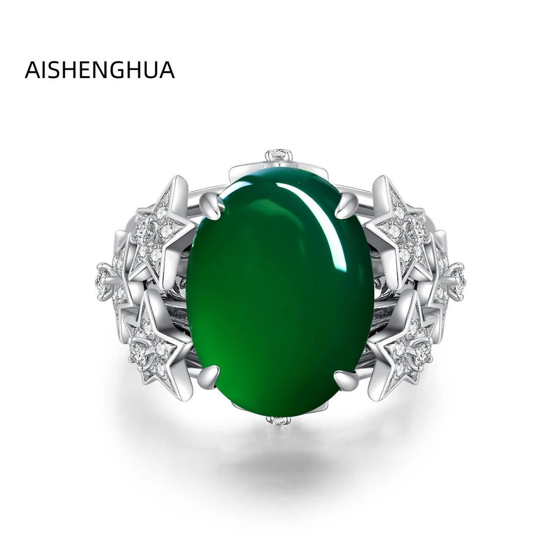 AISHENGHUA/瑷生花 925银合成锆石戒指 华贵绿色镶嵌时尚戒指
