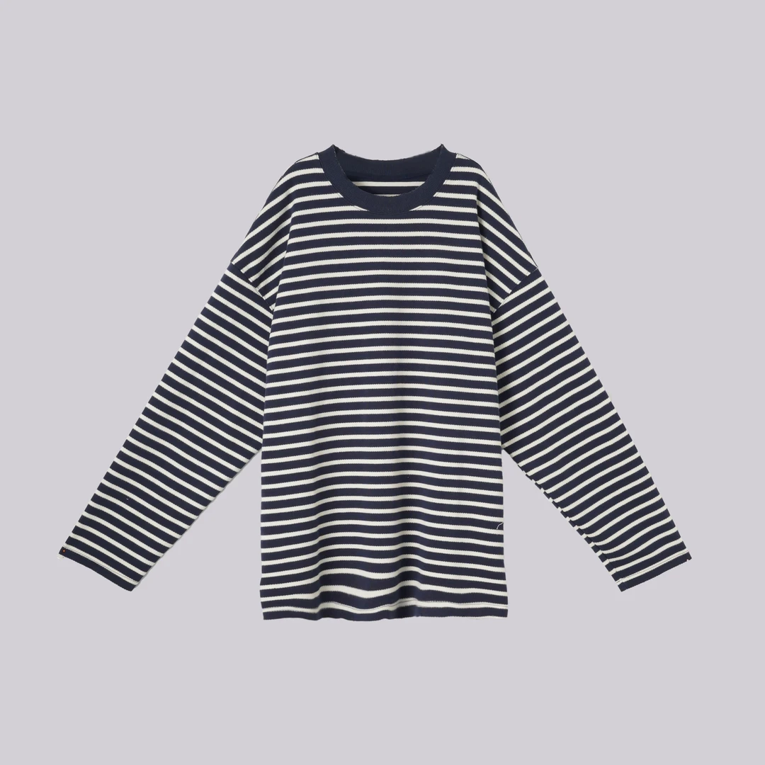 WKe  泡菜领口破边条纹卫衣