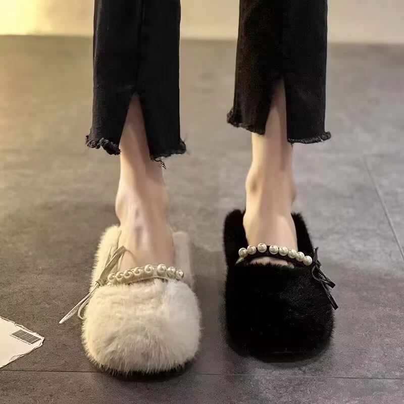 玛丽珍秋冬新款外穿毛茸茸平底加绒豆豆鞋一脚蹬珍珠女两穿棉瓢鞋
