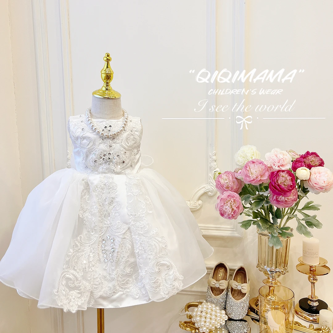 【Qi奇妈】2023女童夏季走秀婚礼周岁礼服生日蕾丝公主连衣裙L4066