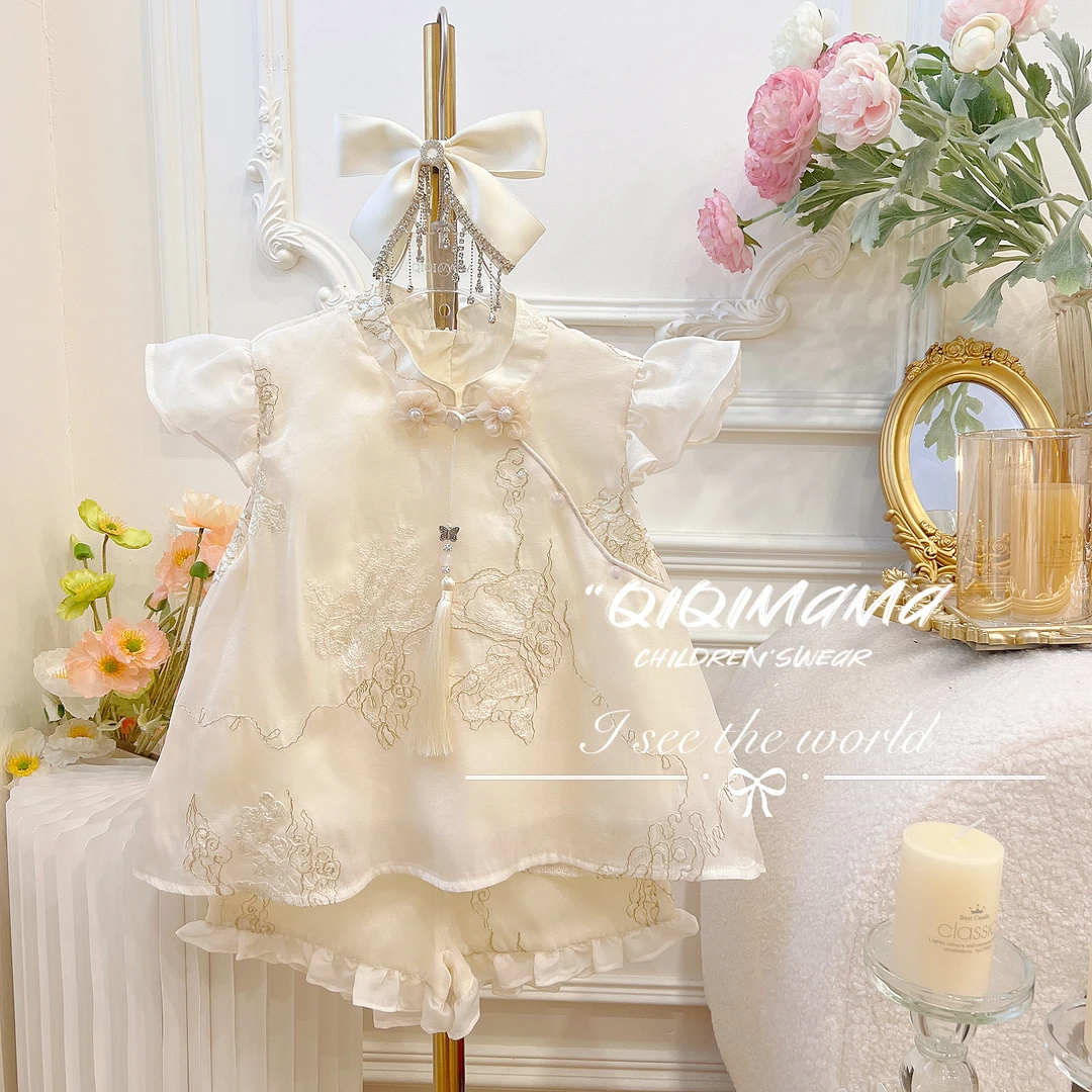 【QI奇妈】女童夏款新中式无袖短裤夏季女宝精致小女孩套装 Q0138