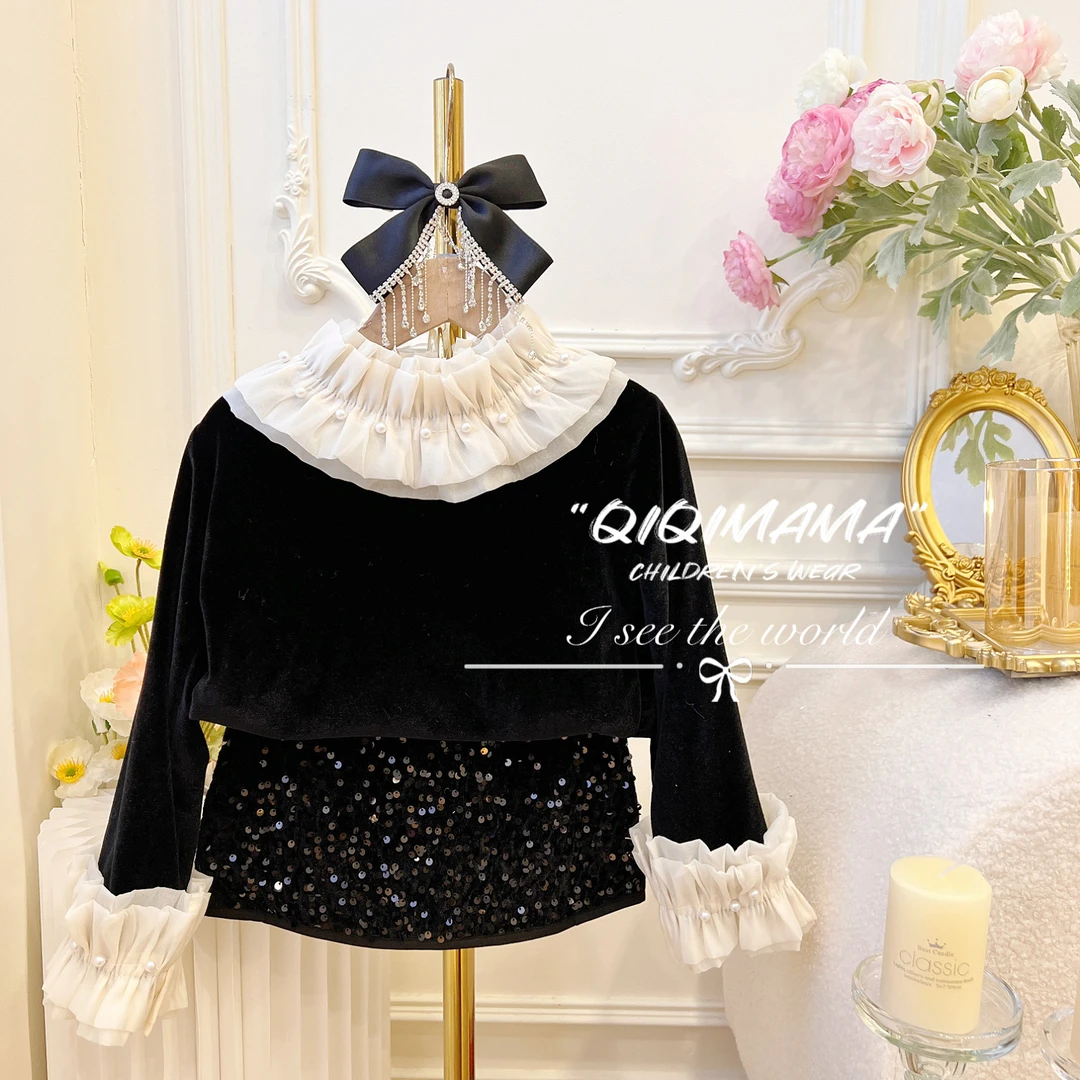 【Qi奇妈】女童秋冬儿童小香风珍珠黑色打底衫洋气加绒 C91