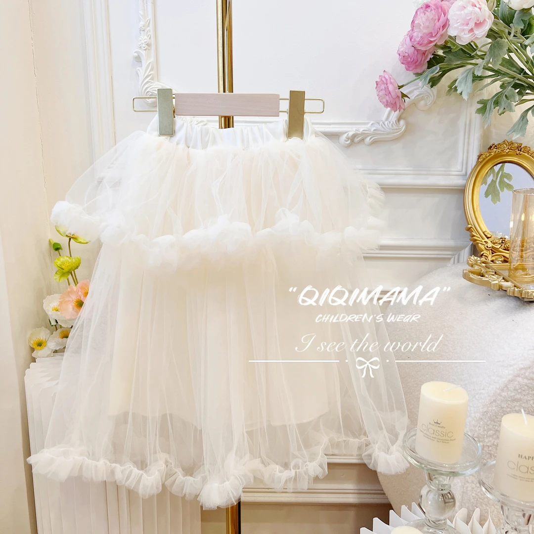 【Qi奇妈】女童秋季白色百搭蕾丝韩版网纱裙拼接纱纱裙 238018