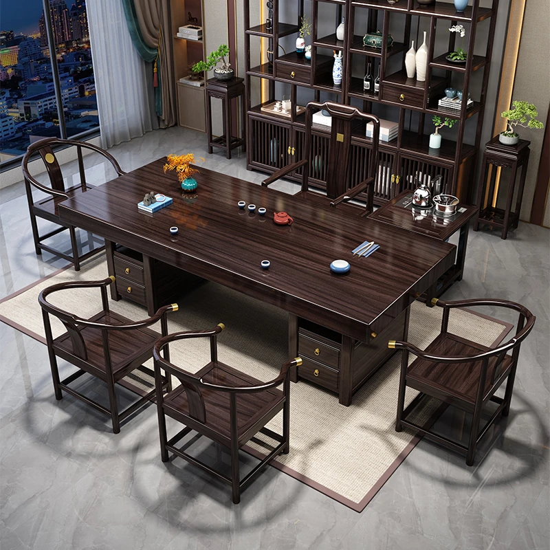 大板乌金木全实木茶台新中式办公室泡茶茶桌椅组合喝茶老板桌会客
